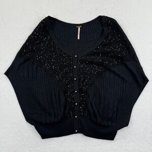 NWOT Free People Womens L Sequined Cardigan Sweater Black Button Front Knit Top